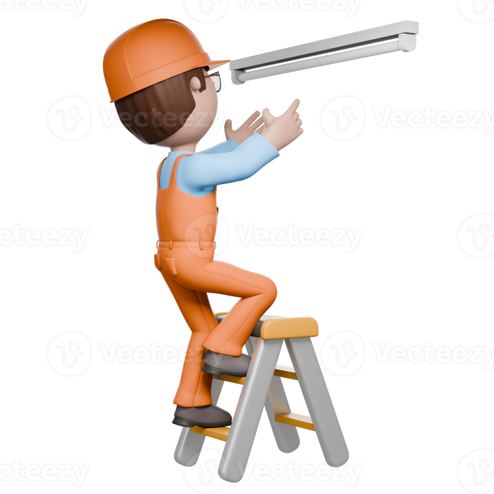 A 3D-rendered electrician standing on a ladder, installing a light fixture, focusing on proper setup and alignment for functionality. png
