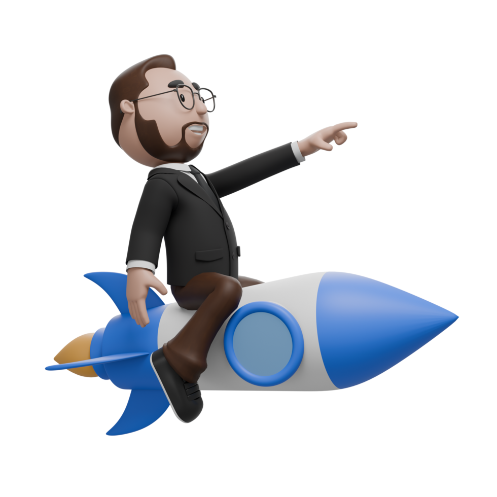The image depicts a professional character in a suit sitting on a rocket and pointing forward, symbolizing innovation, rapid growth, success, or taking a business to the next level. png