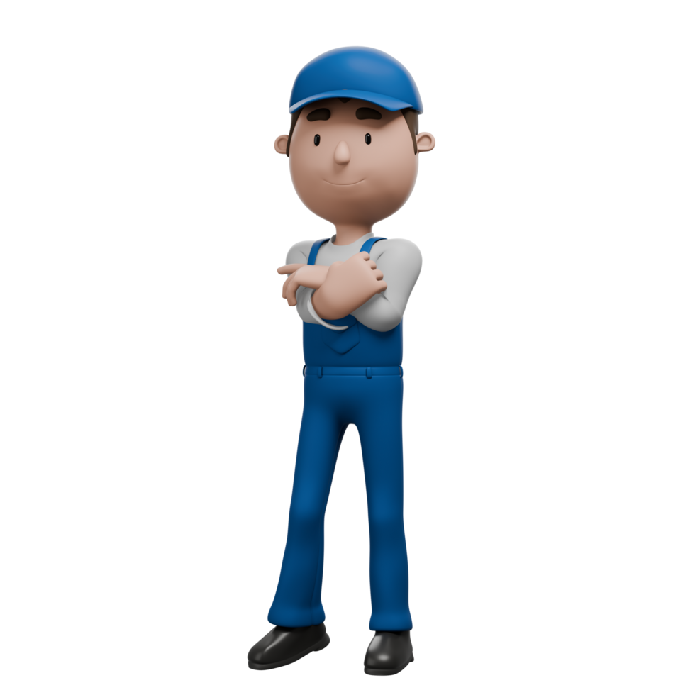 A 3D cartoon mechanic character in blue overalls confidently standing with arms crossed, wearing a blue cap and smiling. png