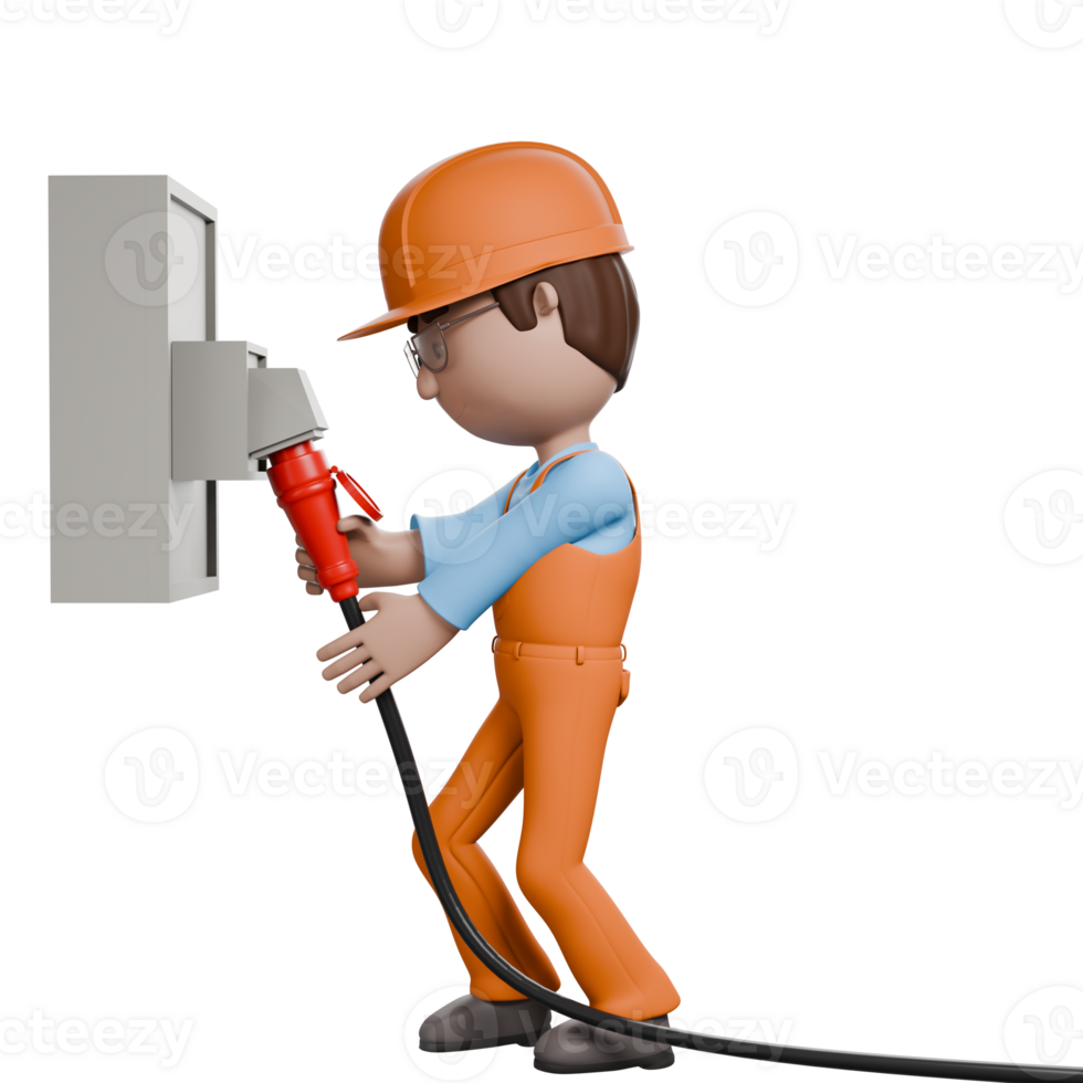 A 3D-rendered electrician plugging a power cable into an electrical socket, showing attention to detail and ensuring proper connections for safe operation. png