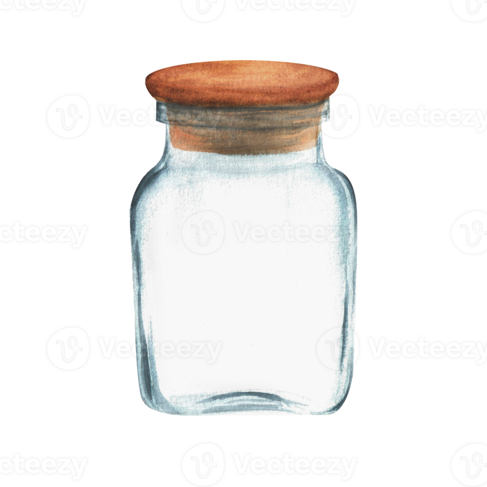 A large empty glass jar. Spice, herbs storage. Glass container with wooden lid. Kitchen clipart. Hand-drawn watercolor png