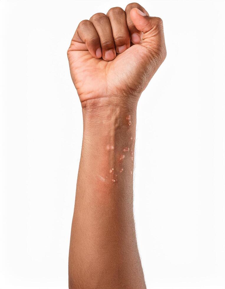Realistic arm body part has pox symptoms skin rash many small blisters, isolated on white background. the danger of viral diseases photo