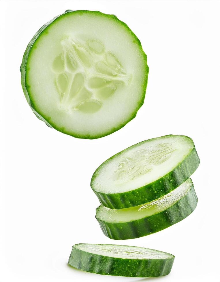 Falling green cucumber slice isolated on white background, full depth of field. photo