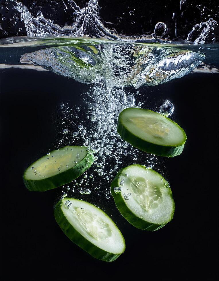Cucumber slices falling into water at black background, splashes and bubbles of food. photo