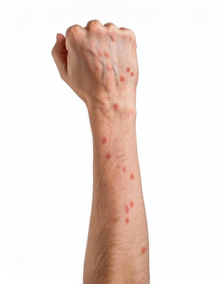 Realistic arm body part has pox symptoms skin rash many small blisters, isolated on white background. the danger of viral diseases photo