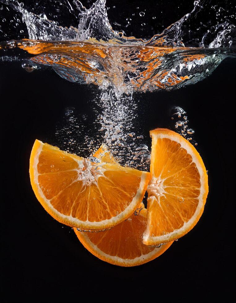 Orange slices falling into water at black background, splashes and bubbles of food photo