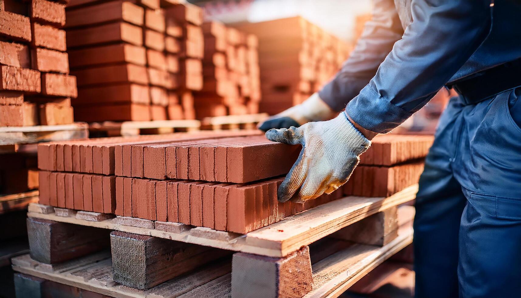 Close up on hands of unknown caucasian man construction industry or warehouse worker stacking clay brick on the pallet. photo
