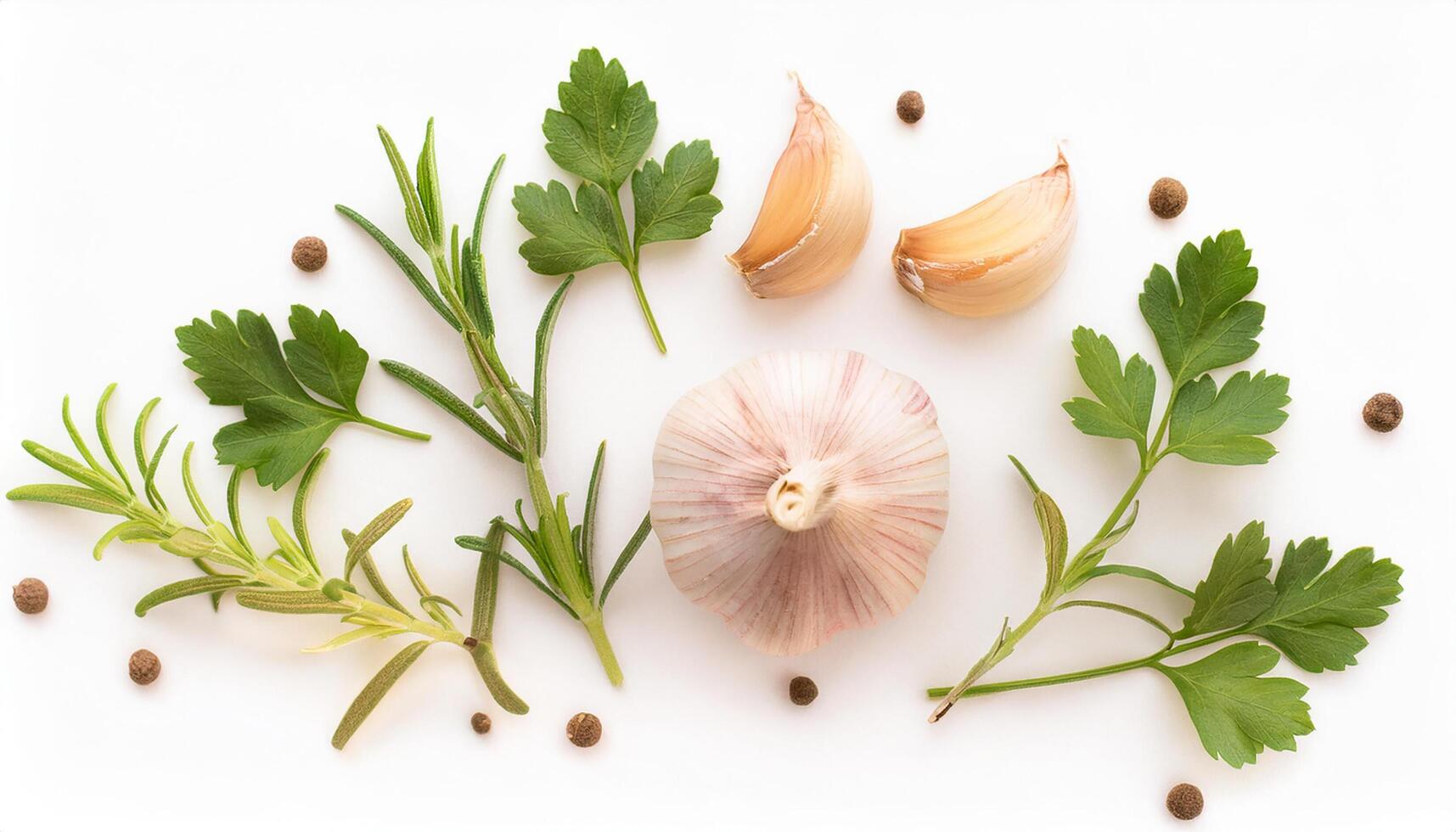Garlic and herbs pepper, rosemary parsley isolated on white background, top view, fresh seasoning for healthy food. photo