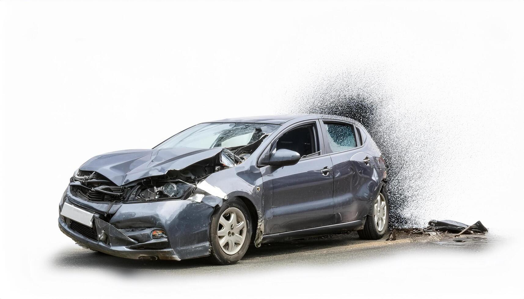 Silver car crashing seriously damaged isolated on white background. photo