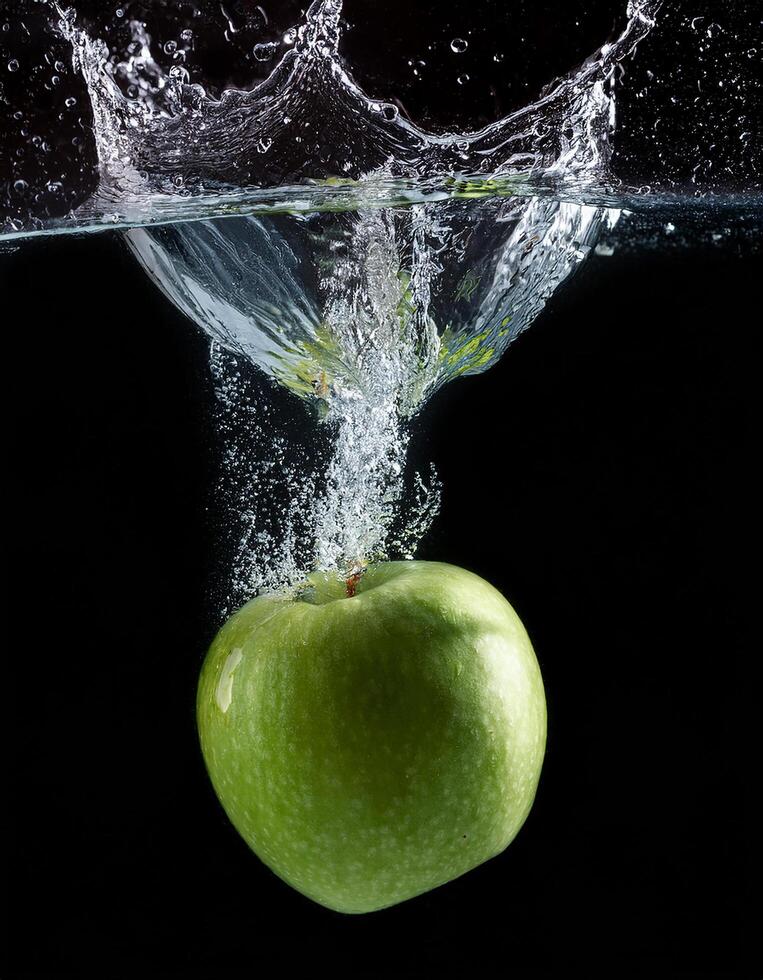 one Green Apple falling into water at black background, splashes and bubbles of food. photo