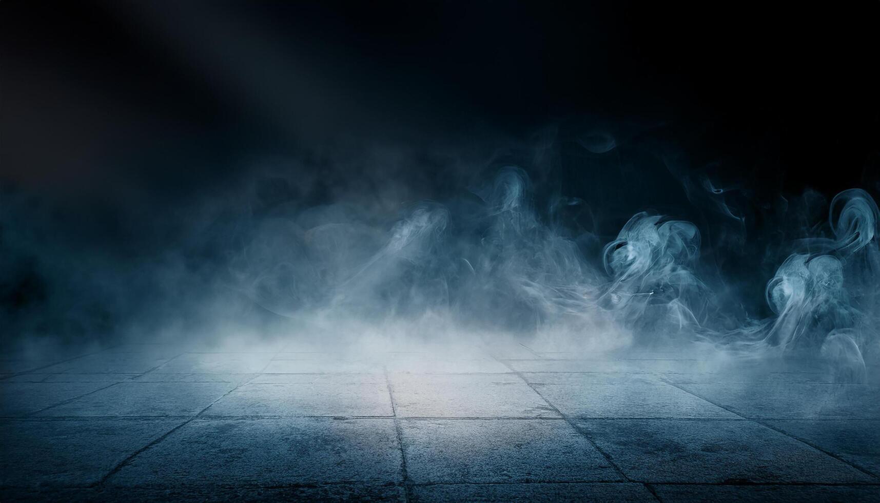 Smoke On Cement Floor With Defocused Fog In Halloween Abstract Background for design, art or photo effects and color inversion use.