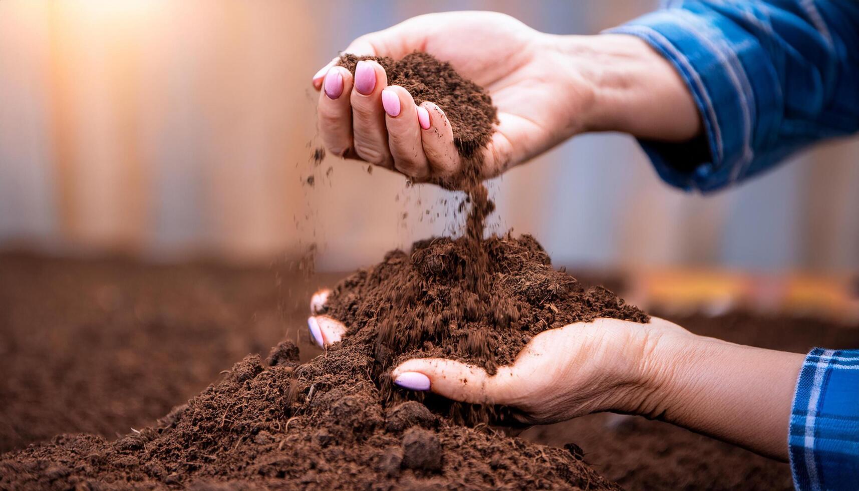 Agronomist on a farm practicing agronomy holding soil, doing soil tests in her home laboratory. Looking at soil life and health and compost. photo