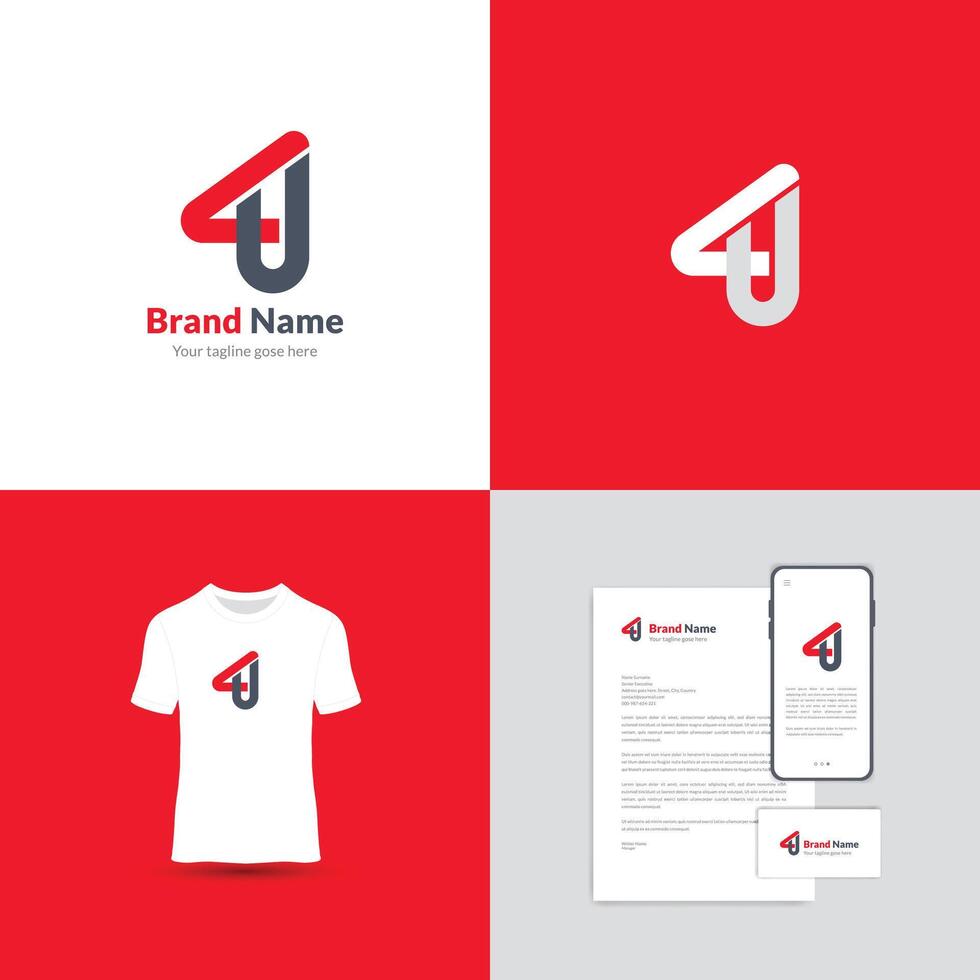 4U Letter Logo Design. This logo is creative, simple, elegant, modern, and unique which is a combination of typography of the letters 4 and U. This logo is suitable for professional businesses. vector