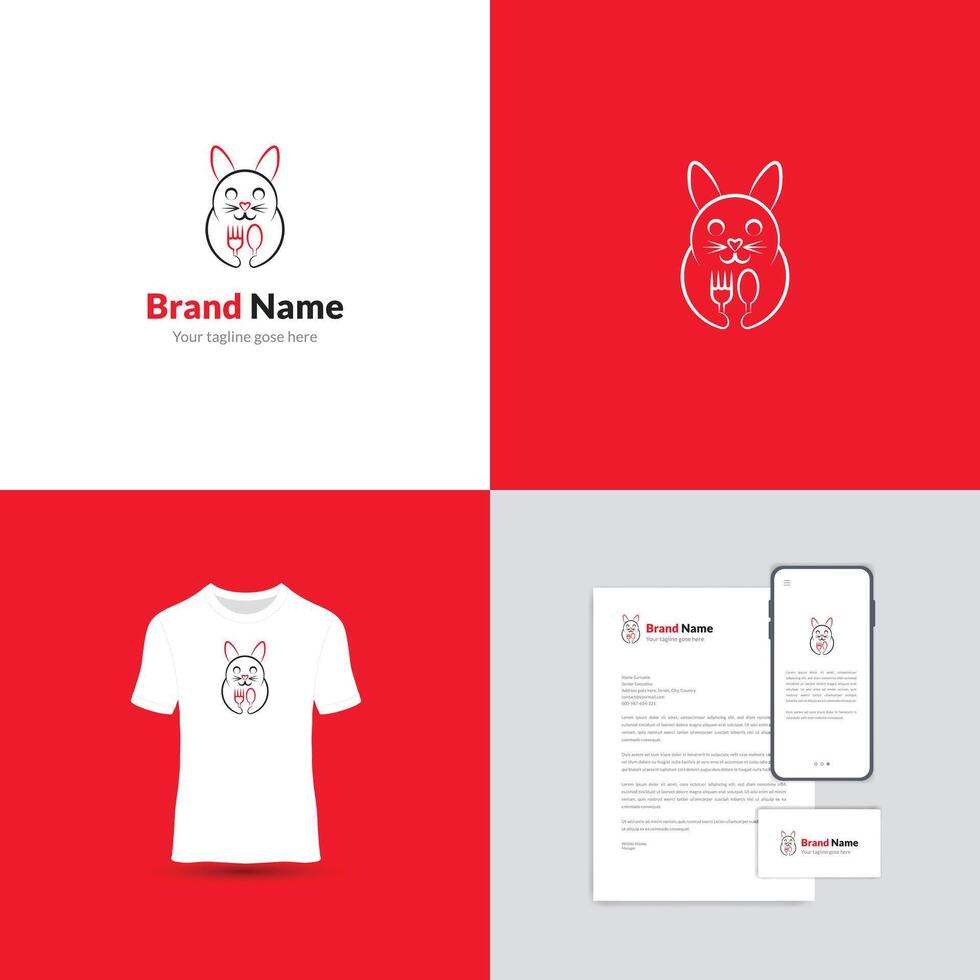 This logo is creative, simple, elegant, modern, and unique. it is a cat eating food using a fork and spoon, It is suitable for any cafe or restaurant that uses a cat as a mascot. vector