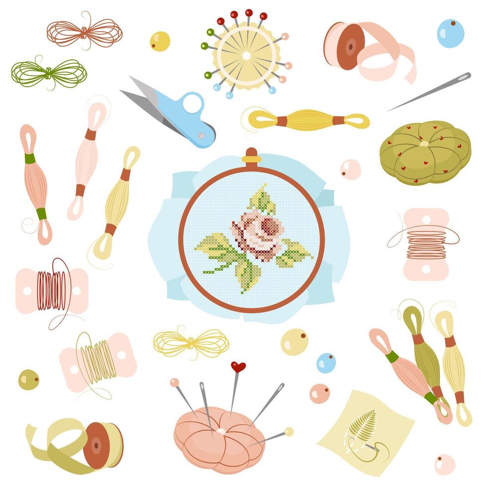 Embroidery kit. Pano with embroidery, floss threads, hoops, needles, scissors, ribbons, spools. Handmade and hobby concept. Illustration on white background. vector