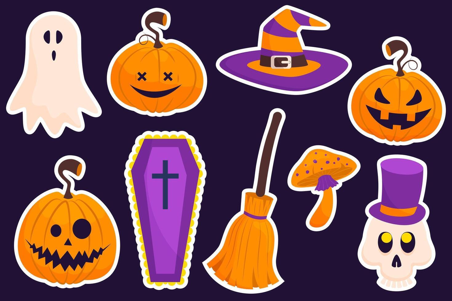 Set of cute cartoon stickers. Halloween characters pumpkin, ghost, witch broom and hat, fly agaric, coffin and skull. vector