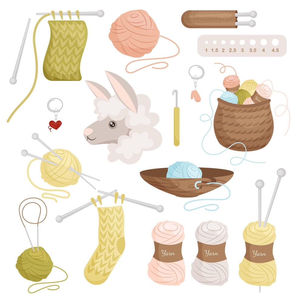 A set of items for knitting. Skeins of yarn, needles, accessories, natural alpaca wool symbol. Handmade and hobby concept. Illustration on white background. vector
