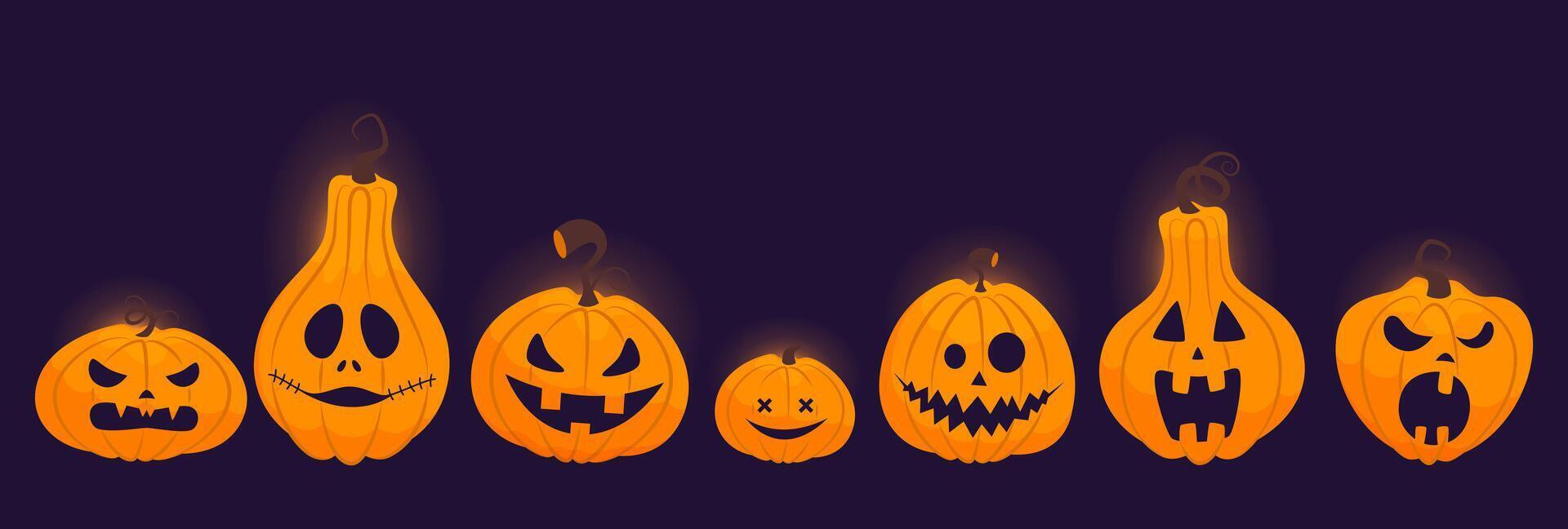 Banner featuring seven Halloween pumpkins with spooky and cute grimaces. Large set of holiday symbol elements on dark background. vector