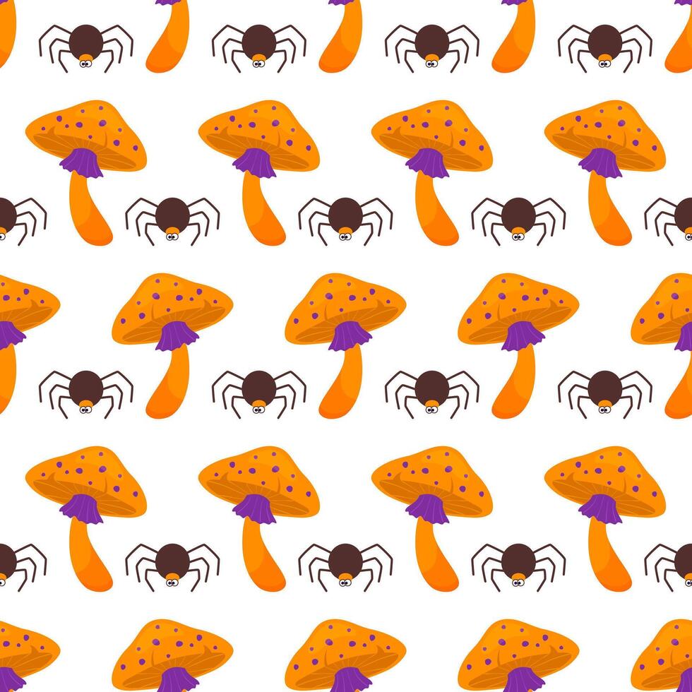 Seamless pattern of Halloween fly agaric mushroom and spiders. Illustration for greeting cards, textiles, scrapbooking, posters, banners, websites. vector