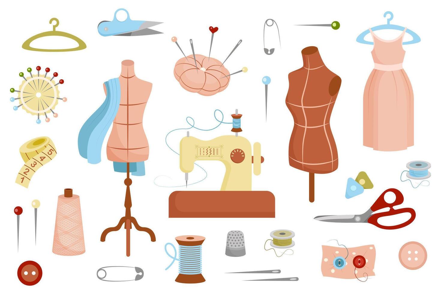 Set of elements for sewing, fabric, mannequin, thread, needles, scissors. Colorful illustration for design of sewing books, albums, flyers, business cards, banners. vector