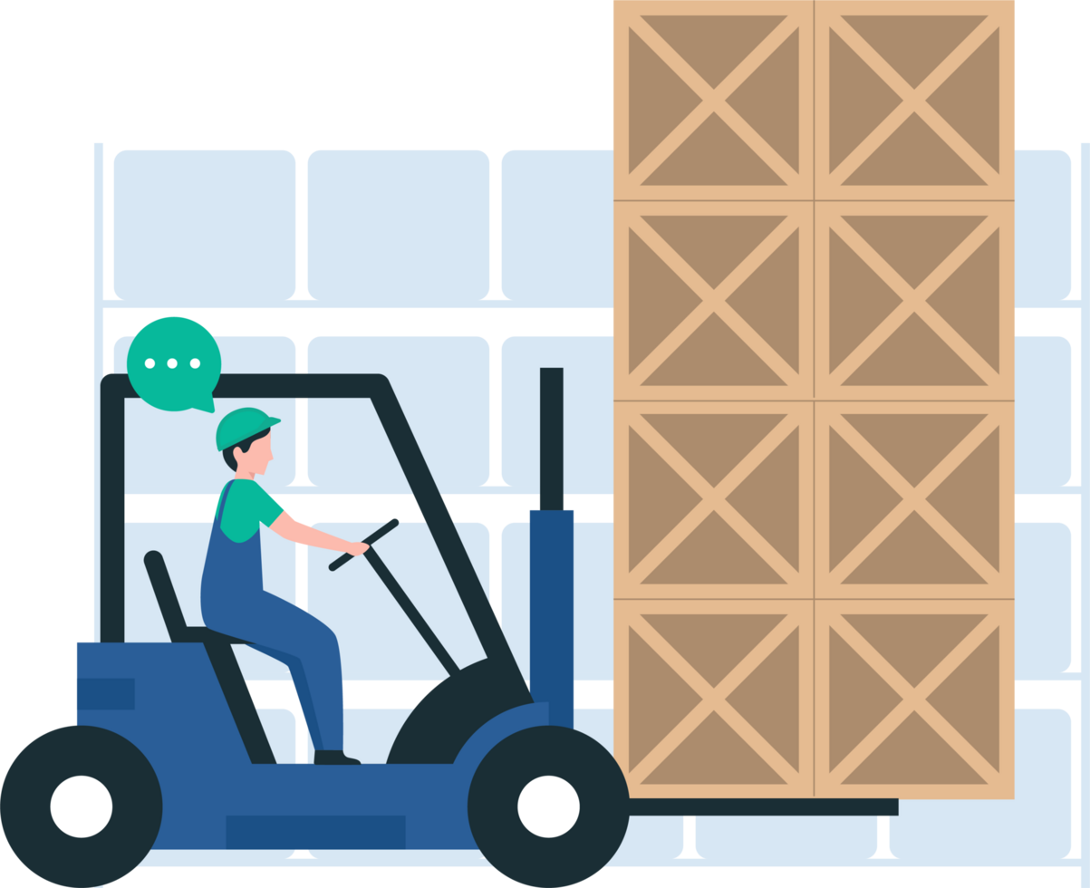 Warehouse Loader Stacking Pallets, Efficient Warehouse Operations, Pallet Loading, Warehouse Equipment, Material Handling, Supply Chain Efficiency. illustration png