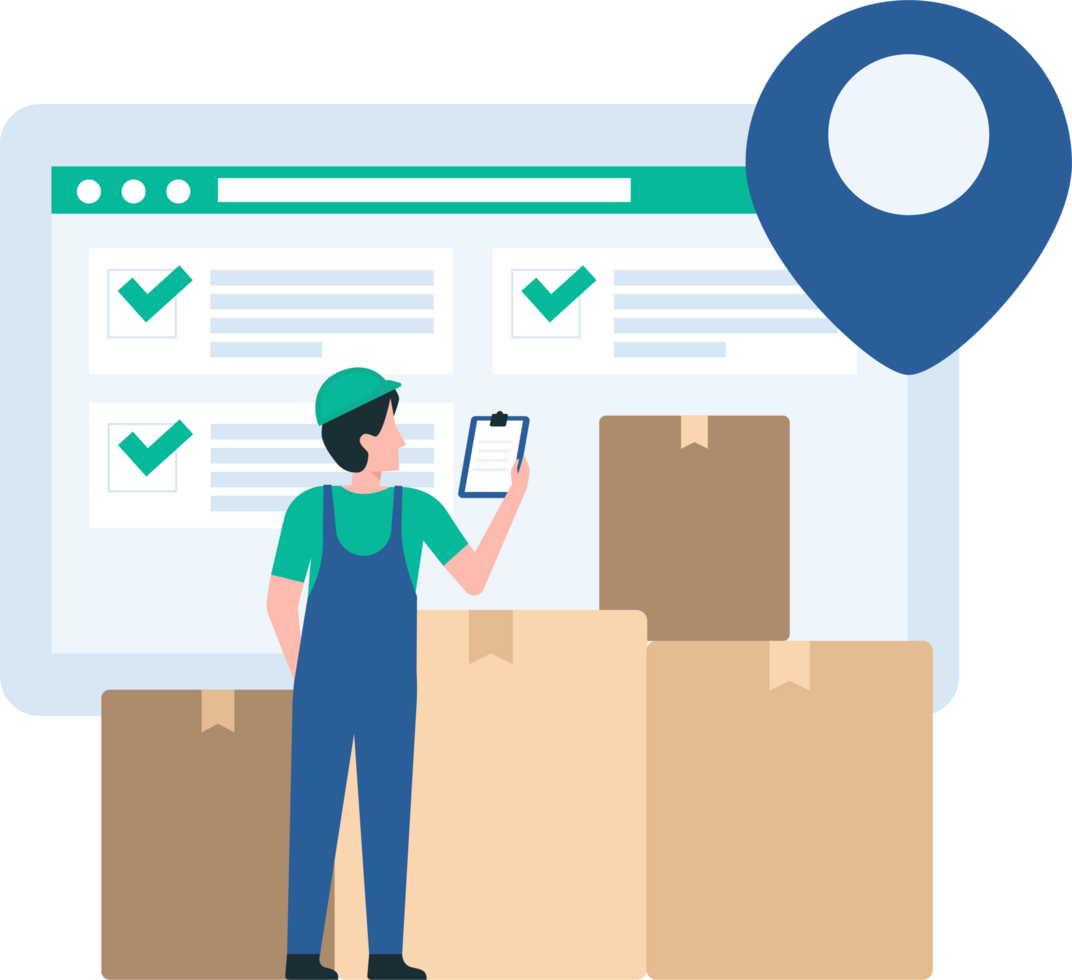 Warehouse Employee Checking Stock Levels, Inventory Management, Stock Control, Warehouse Operations, Supply Chain Efficiency. illustration png