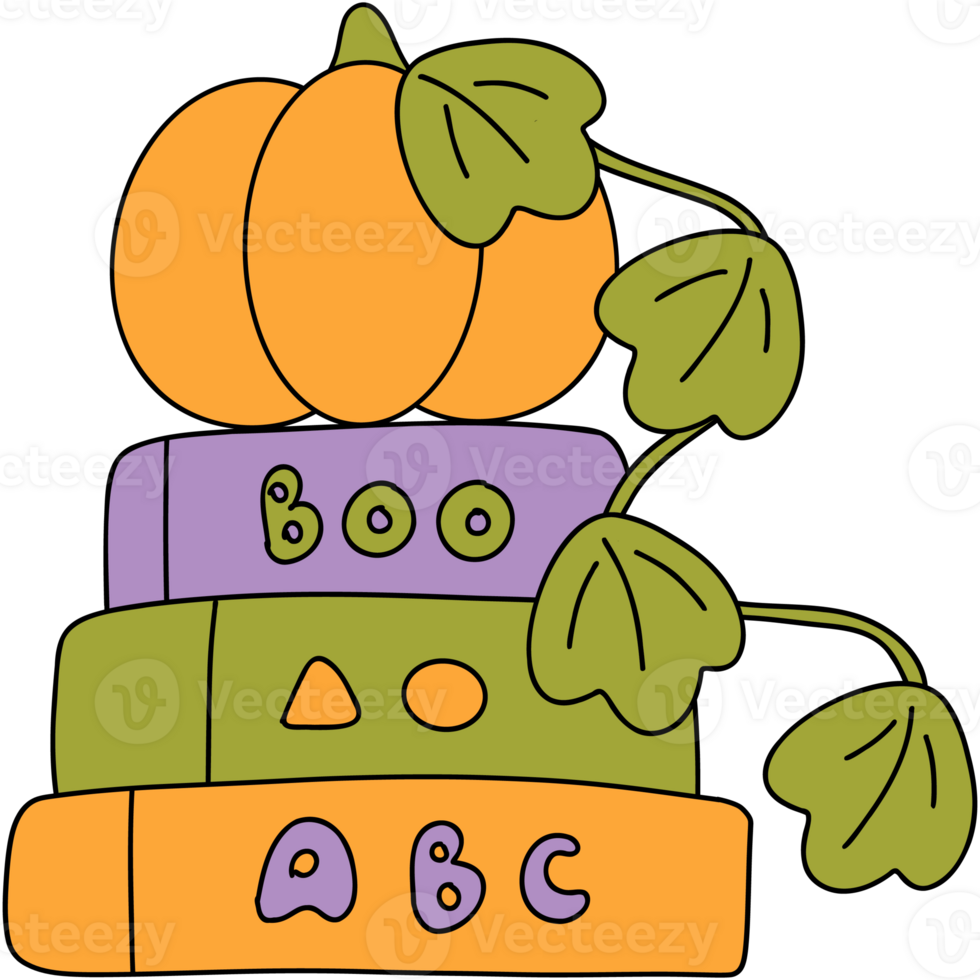 Retro Halloween books and pumpkin png
