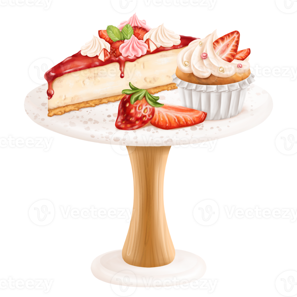 A composition of cheesecake, cupcake and strawberries on a dessert serving stand. A dish with berry confectionery sweets. A birthday cake with cream, jam and decor. Digital isolated illustration png