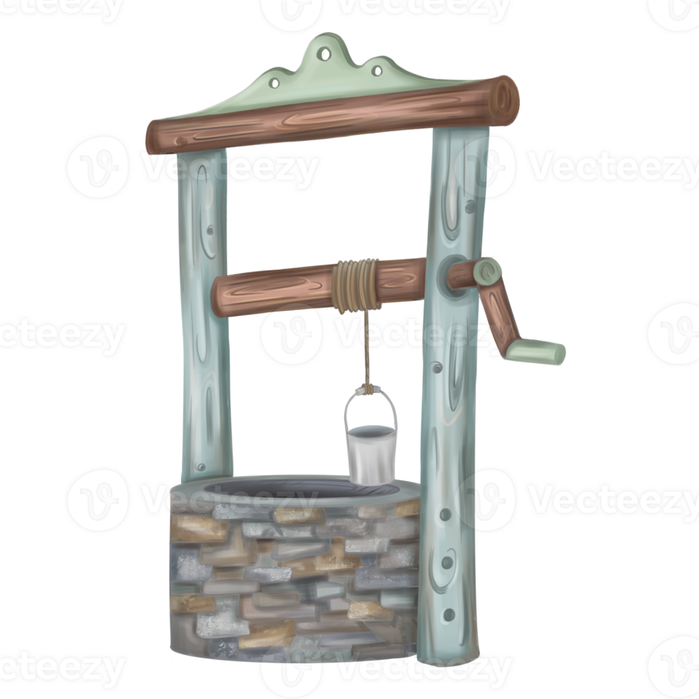 Wooden rustic water well made of stone and wood. Autumn festivals, rustic-style celebrations. Farm work, harvesting in the fields. Yard and garden decoration. Isolated digital illustrations png