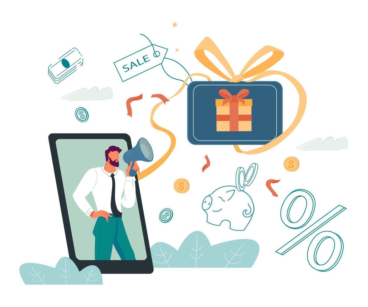 Sale announcement sign man announcing sale, shouting into a megaphone, flat illustration. Discount, coming soon event and get your gift promotion banner concept. vector