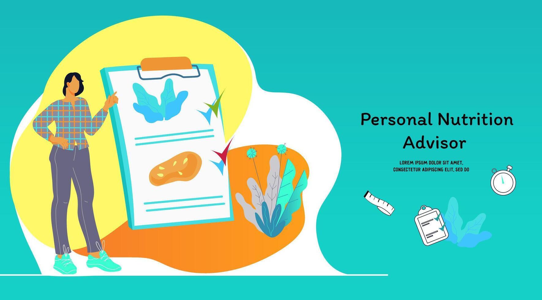 Personal nutrition advisor website template with nutritionist or dietician making diet plan. Weight loss and diet nutrition menu plan with nutritionist. Landing web page flat illustration. vector