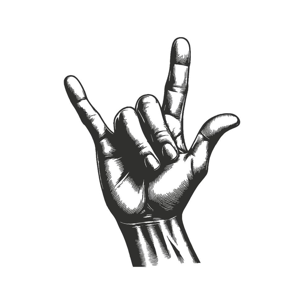 Bold line art of a rock hand gesture with fingers up in a black and white drawing vector