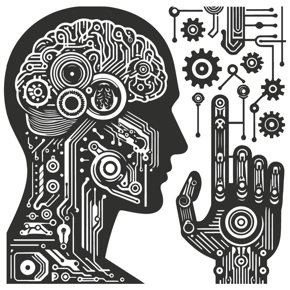 Human brain is surrounded by a circuit board and gears vector