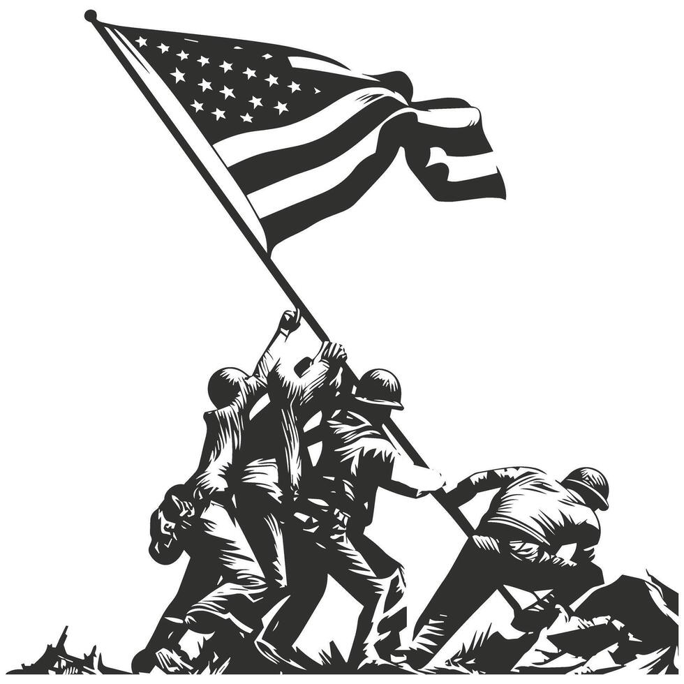 American flag is raised by soldier. vector