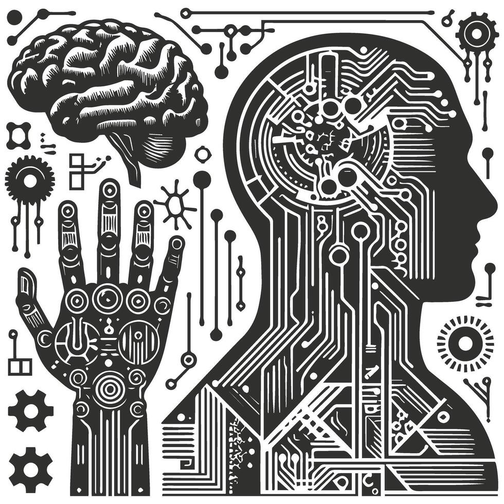 A human brain is surrounded by a circuit board and gears vector