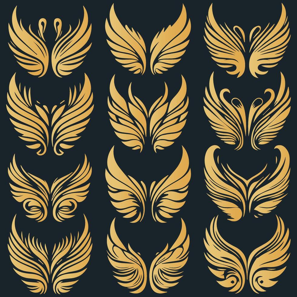 Golden wings set of wings. vector
