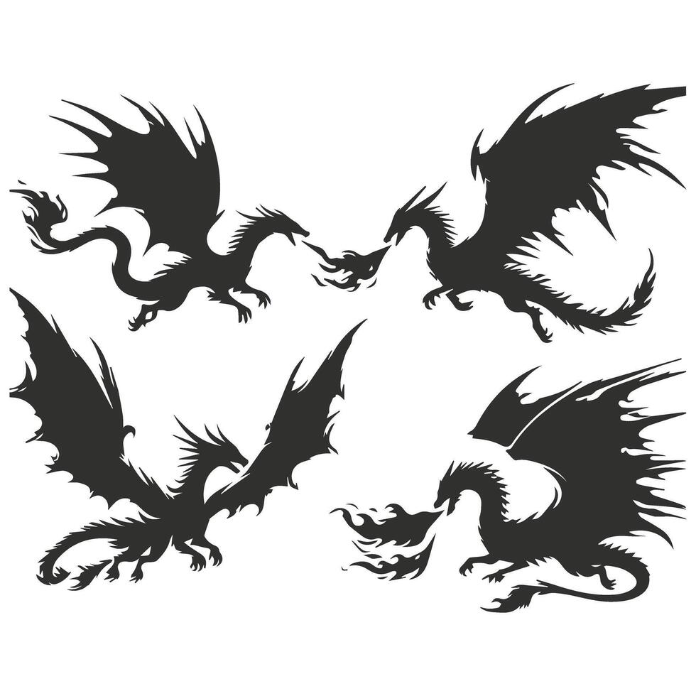 Black and white dragon silhouettes on a white background vector