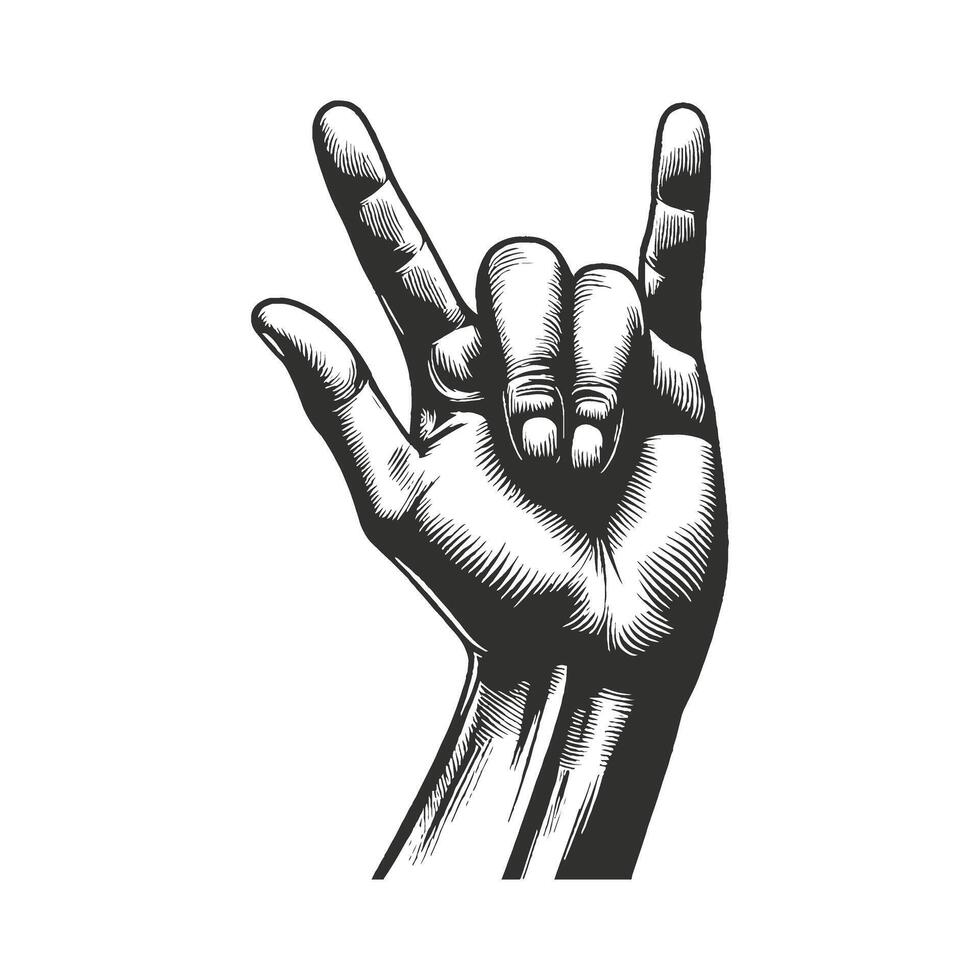 Rock hand gesture with fingers up in a black and white drawing vector