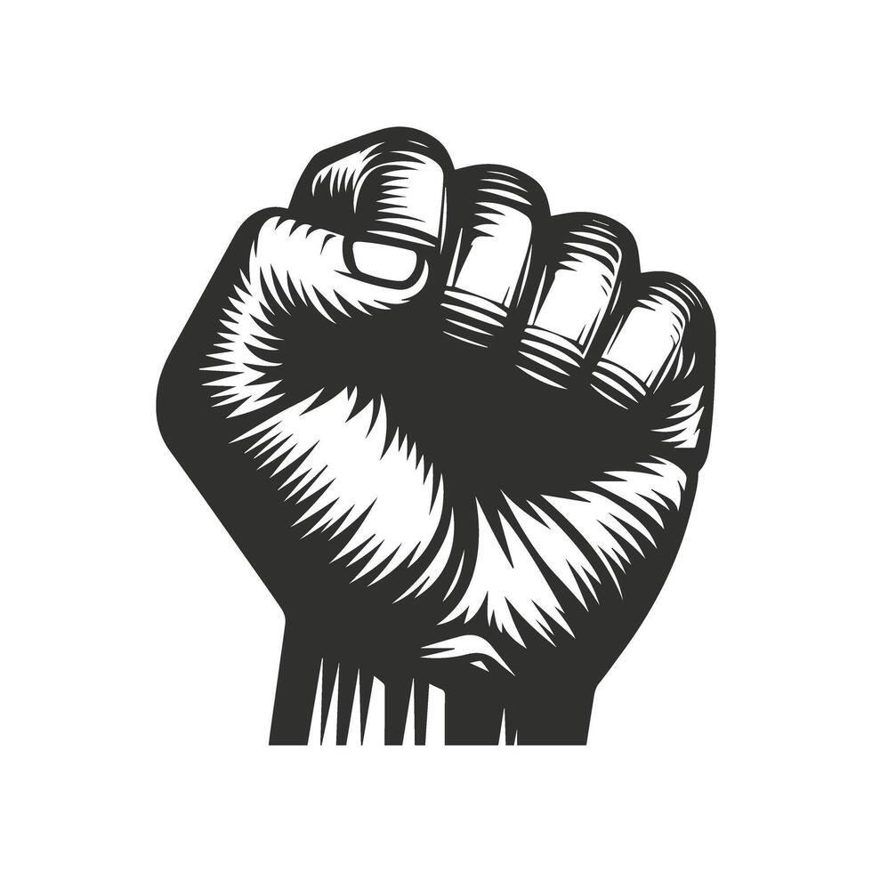 A clenched fist is shown in black and white vector