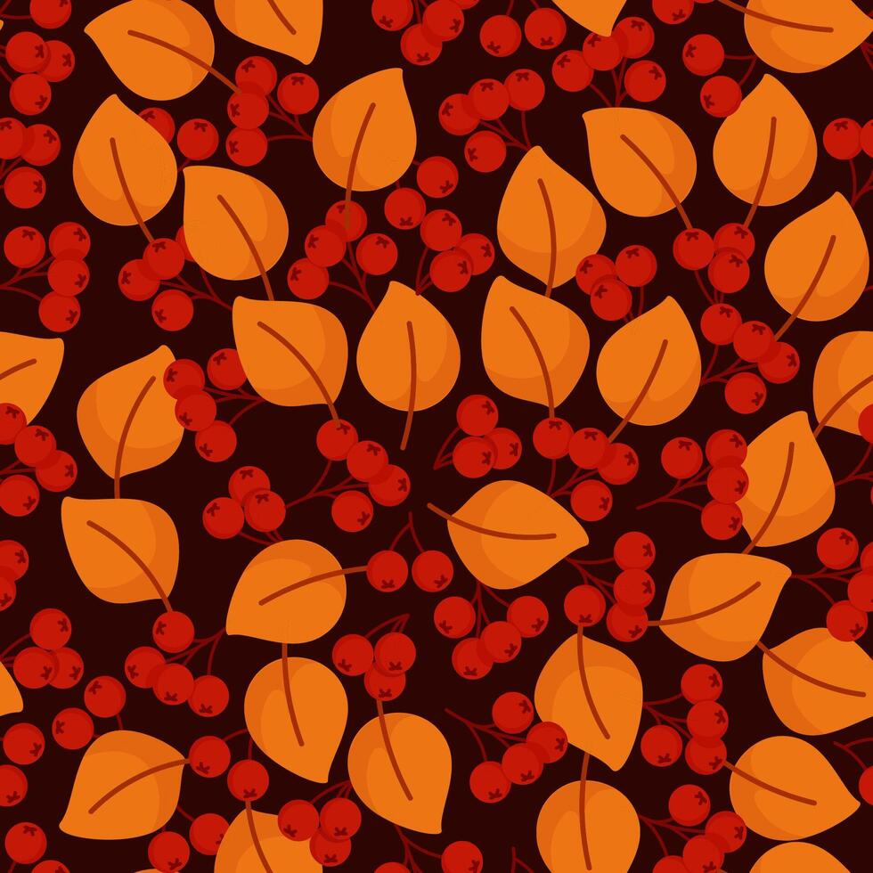 Seamless pattern of orange autumn leaves and red berries on a dark background vector