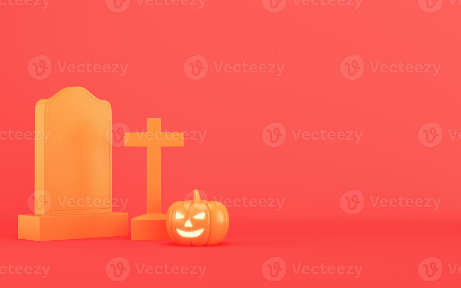 3D rendering of glowing jack-o'-lantern pumpkin placed beside a tombstone and cross, against a red background. Minimalism concept photo