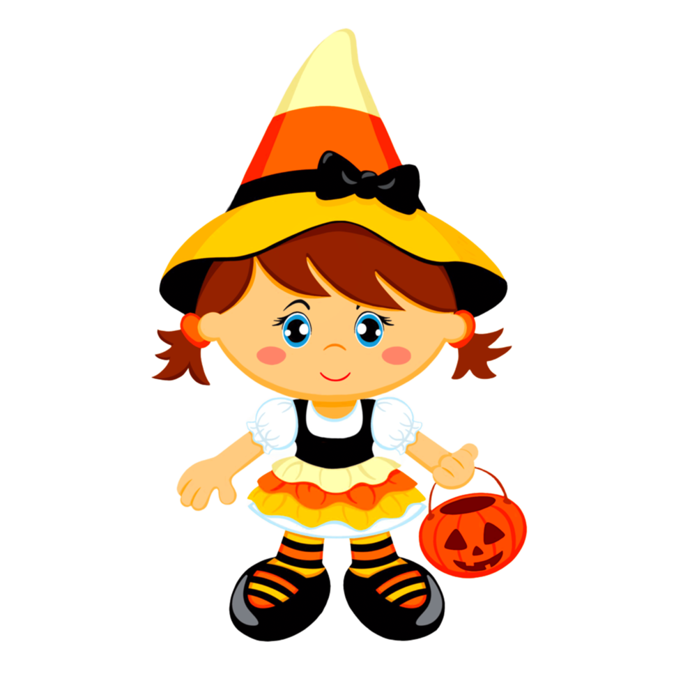 A young girl with red hair wearing a yellow and black witch costume holds a small pumpkin bucket. png