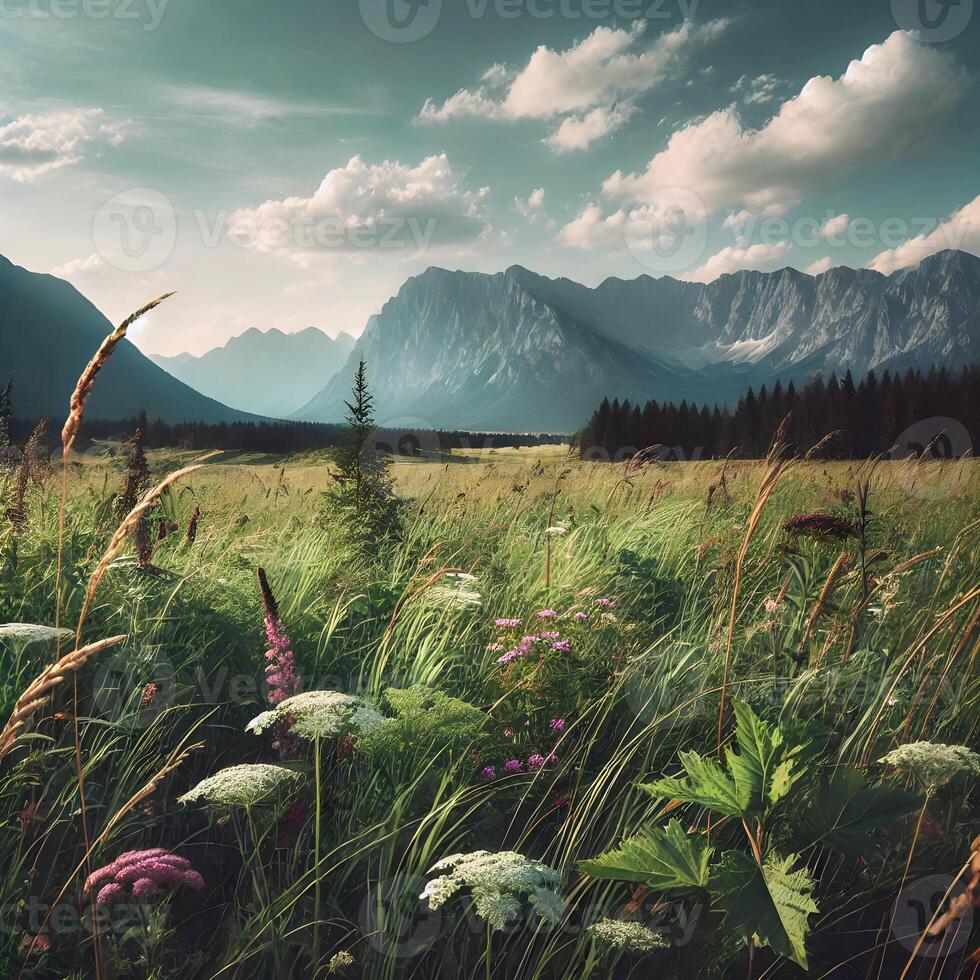 Serene meadow with wildflowers, tall grass, and mountains in the distance under a partly cloudy sky photo