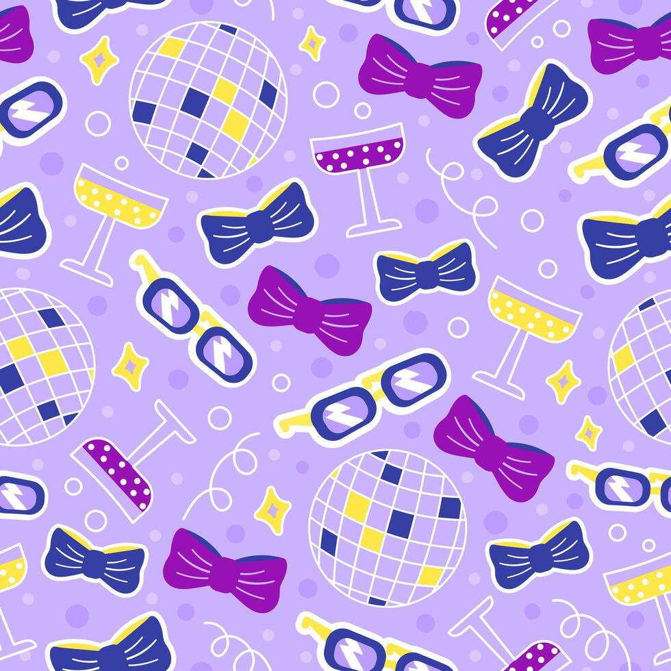 Disco party seamless pattern for print or design on light purple background vector