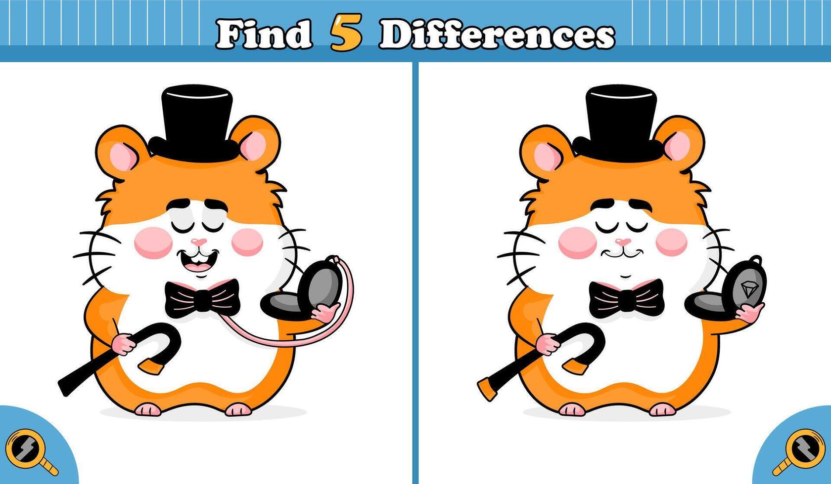 Spot the Differences between Gentlemanly Hamsters with Clocks vector