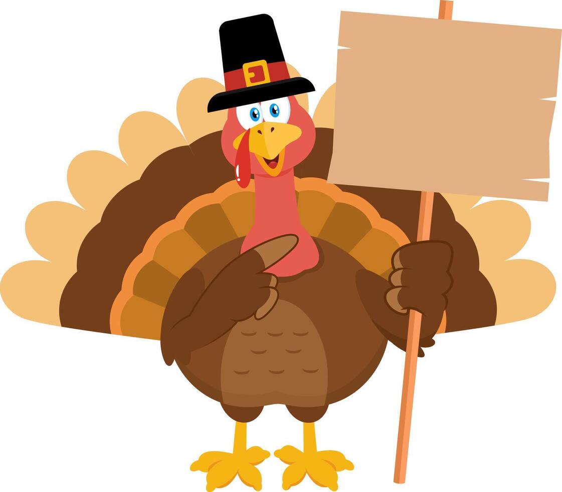 Cute Pilgrim Turkey Bird Cartoon Character Pointing To A Wooden Blank Sign vector