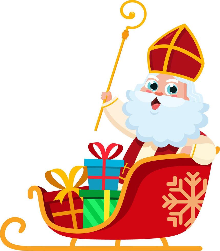 Cute Saint Nicholas or Sinterklaas Cartoon Character Sleigh Filled With Christmas Toys And Presents vector