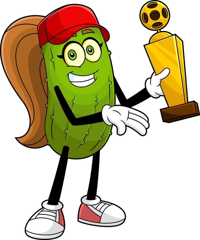 Cute Pickle Girl Cartoon Character Holding A Pickleball Gold Cup Trophy vector