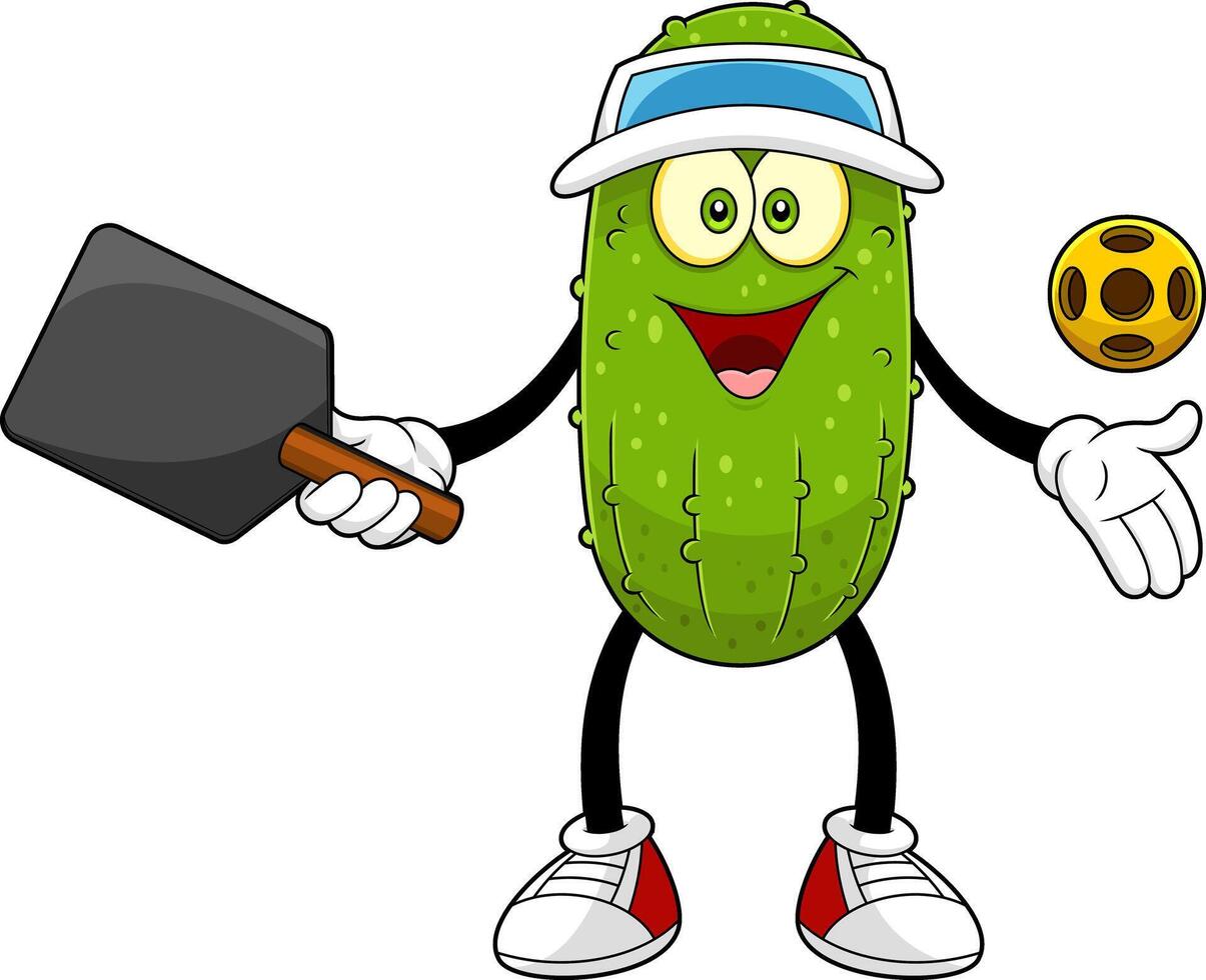 Funny Pickle Cartoon Character Playing Pickleball Sport vector