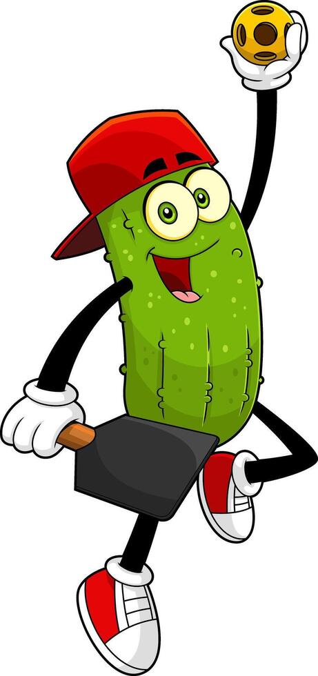 Funny Pickle Cartoon Character Playing Pickleball Sport vector